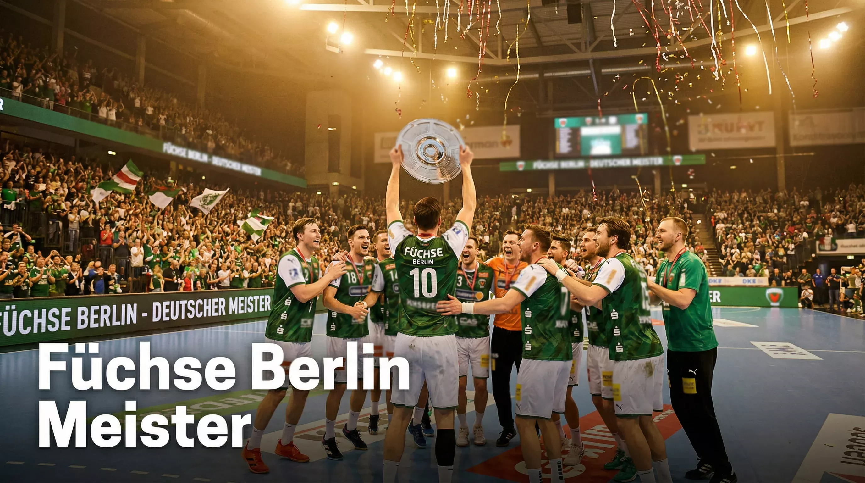 Jubelnde Handball-Spieler heben den Meisterpokal in einer ausverkauften Arena