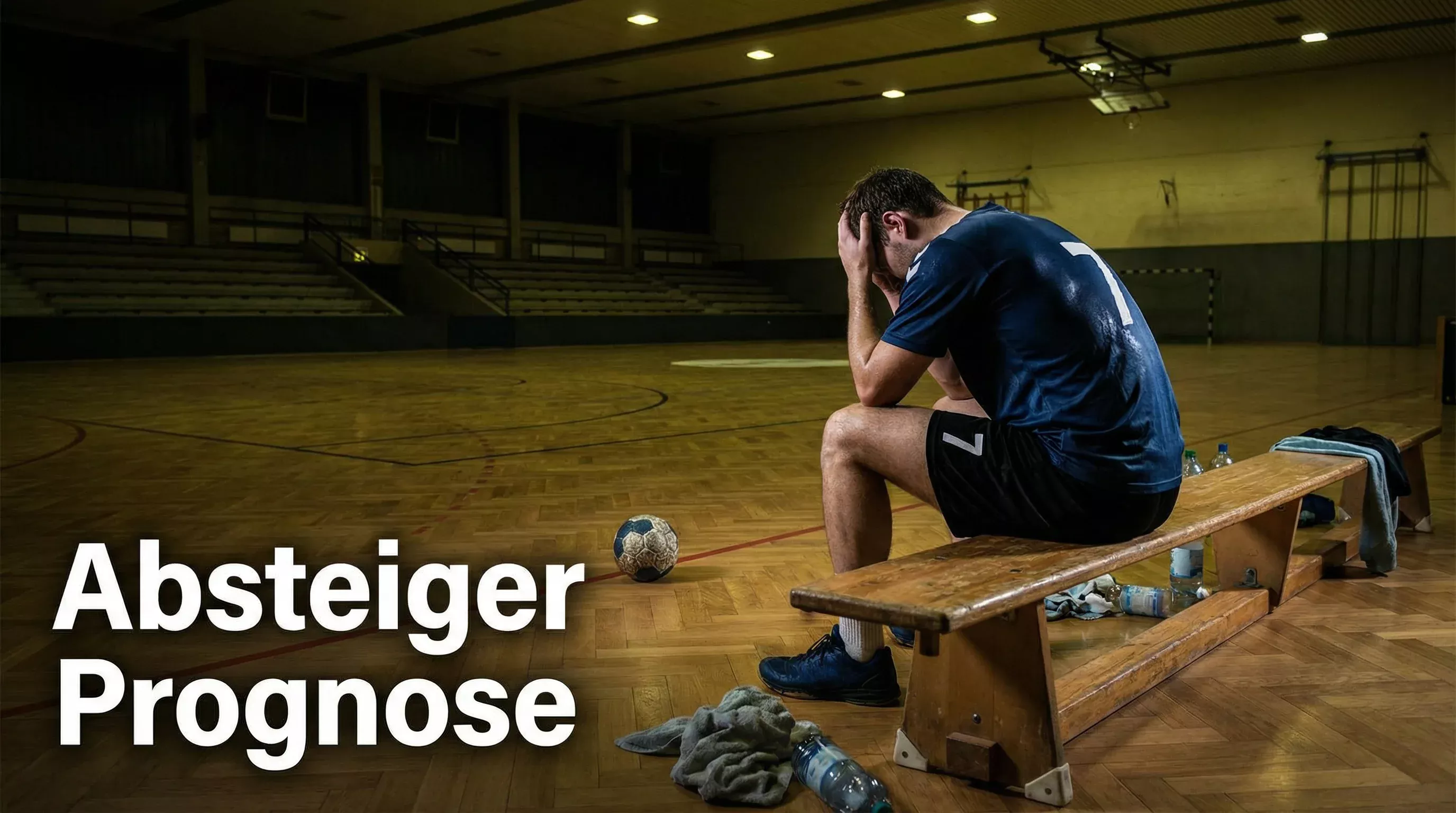 Handball-Spieler mit gesenktem Kopf nach einer Niederlage auf dem Spielfeld einer leeren Halle