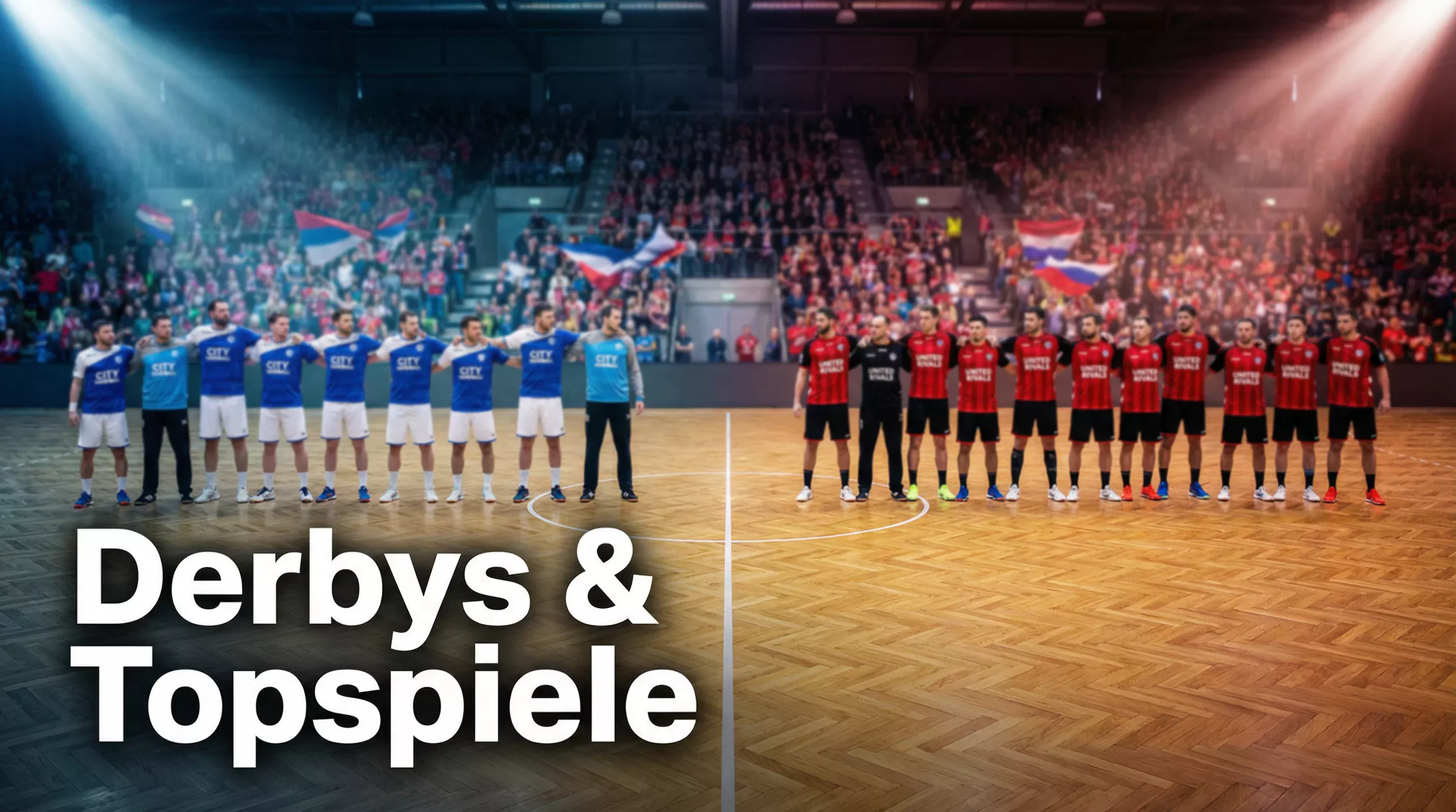 Zwei Handball-Mannschaften stehen sich beim Anpfiff eines Derbys in einer ausverkauften Halle gegenüber