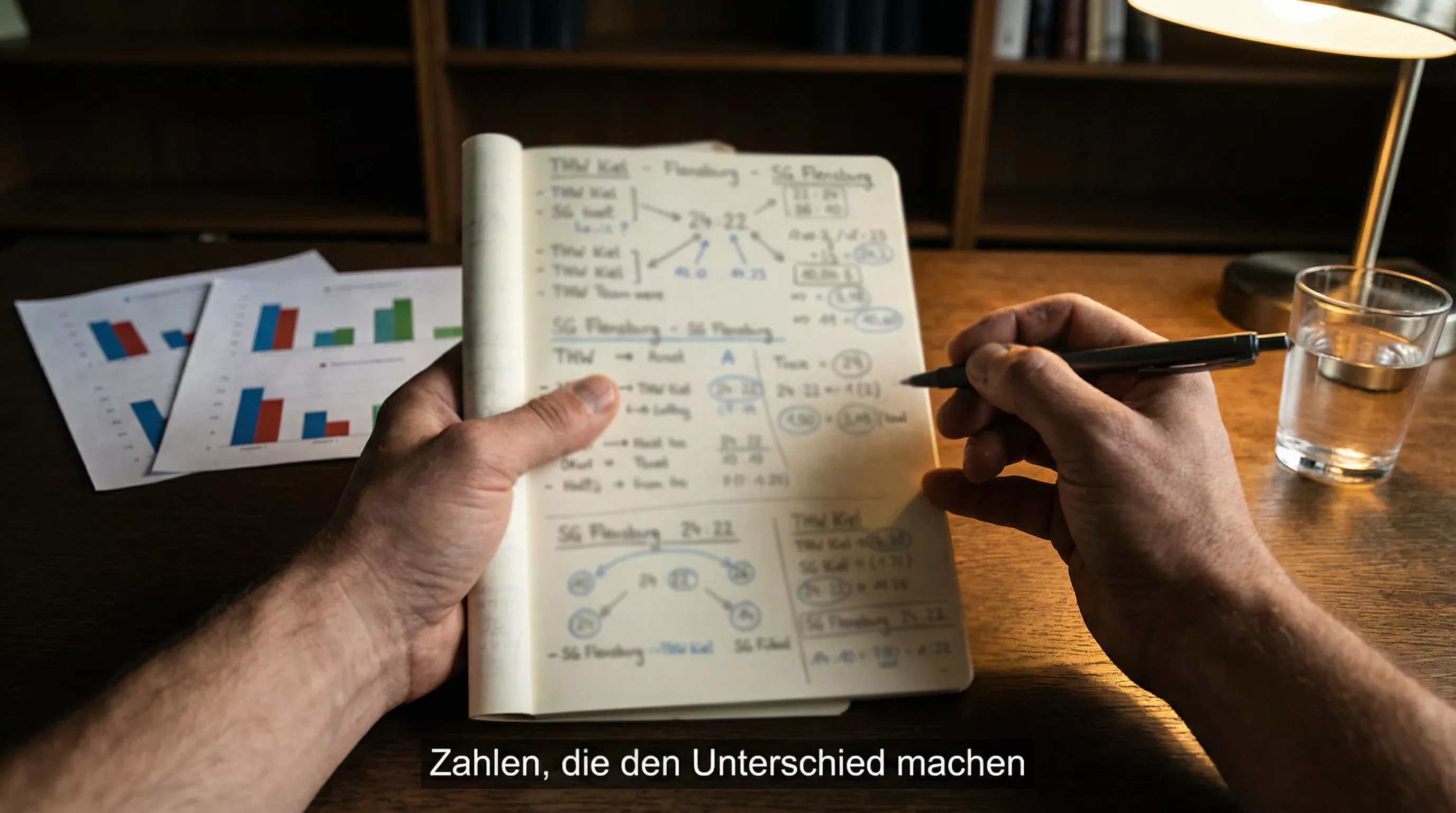 Person analysiert Handball-Statistiken an einem Schreibtisch mit Notizbuch – Datenquellen für HBL-Wetten