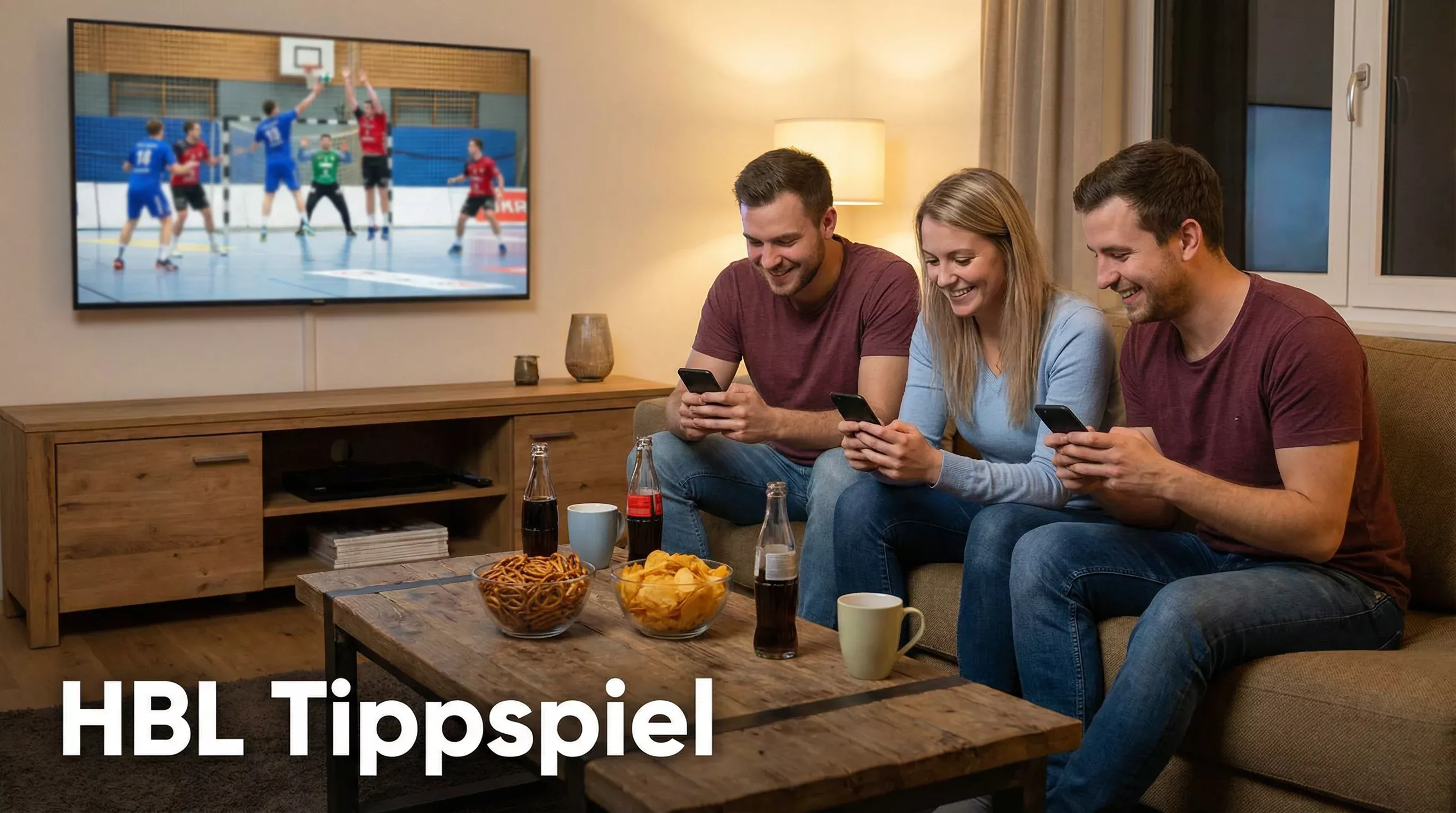 Gruppe von Freunden schaut gemeinsam ein Handballspiel und tippt auf Smartphones