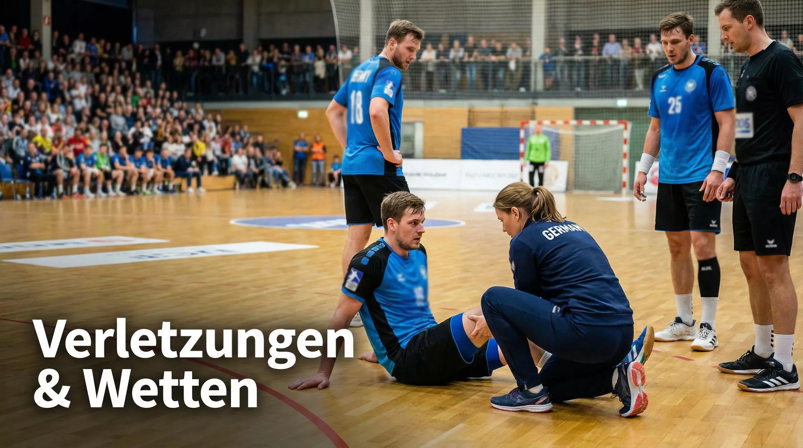 Handball-Spieler wird auf dem Spielfeld von einem Physiotherapeuten am Knie behandelt