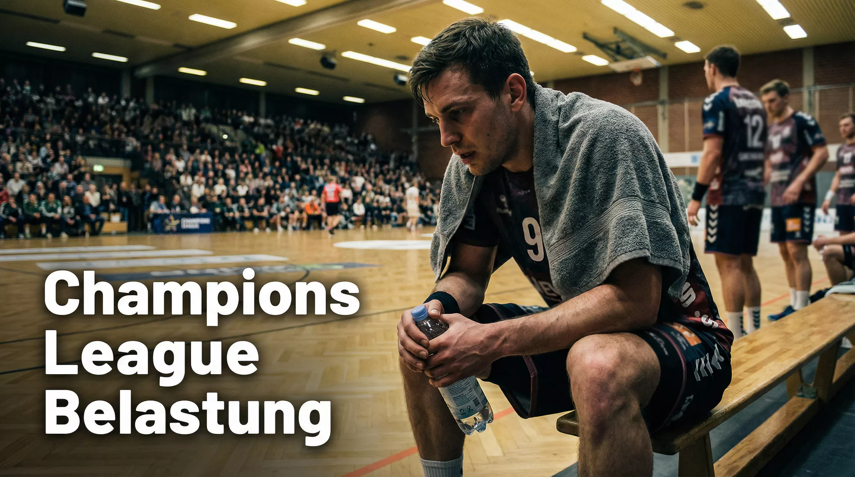 Erschöpfter Handball-Spieler auf der Bank mit Handtuch während eines europäischen Pokalspiels