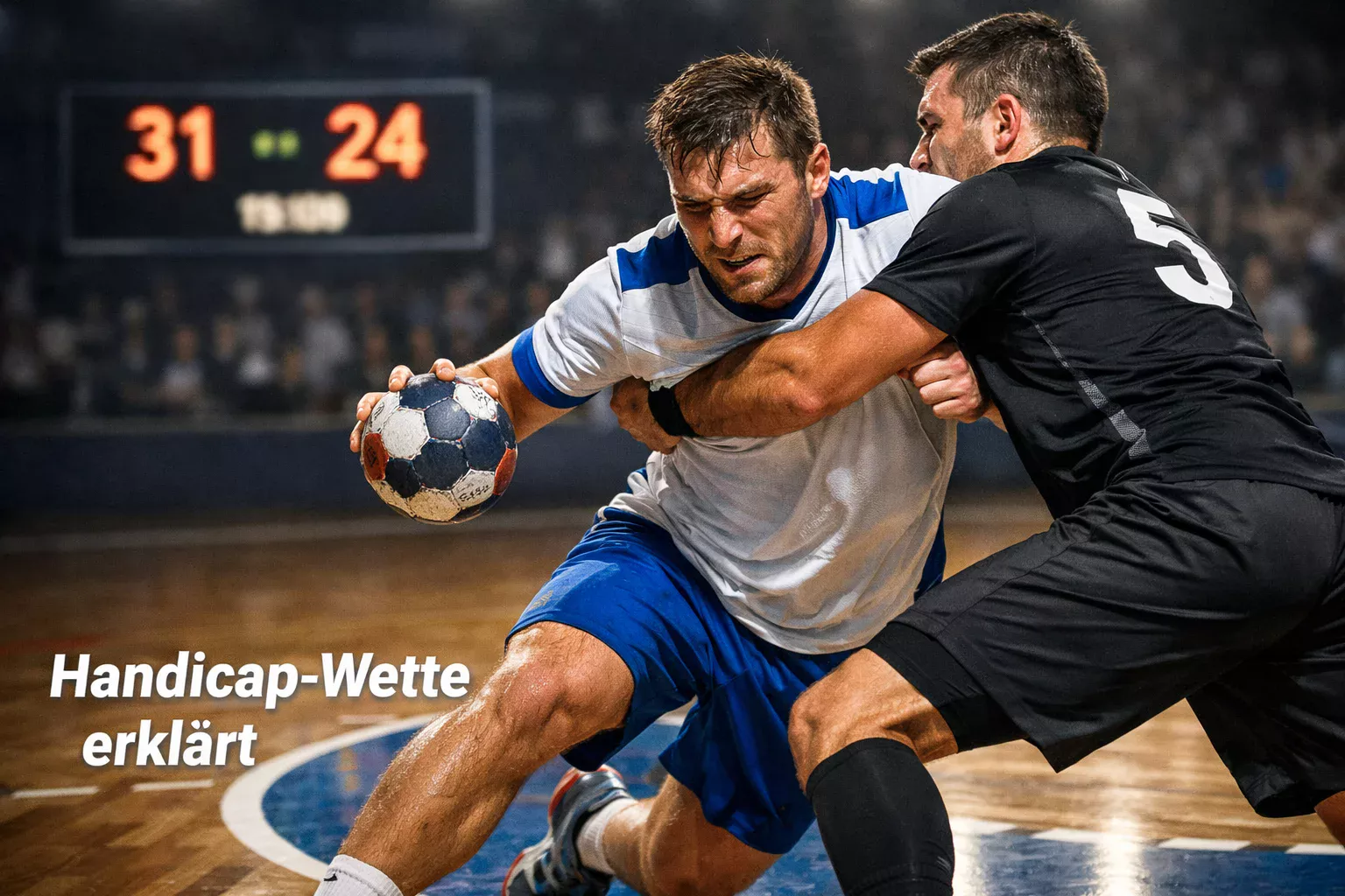 Handball-Spieler im Zweikampf am Kreis mit deutlichem Vorsprung auf der Anzeigetafel