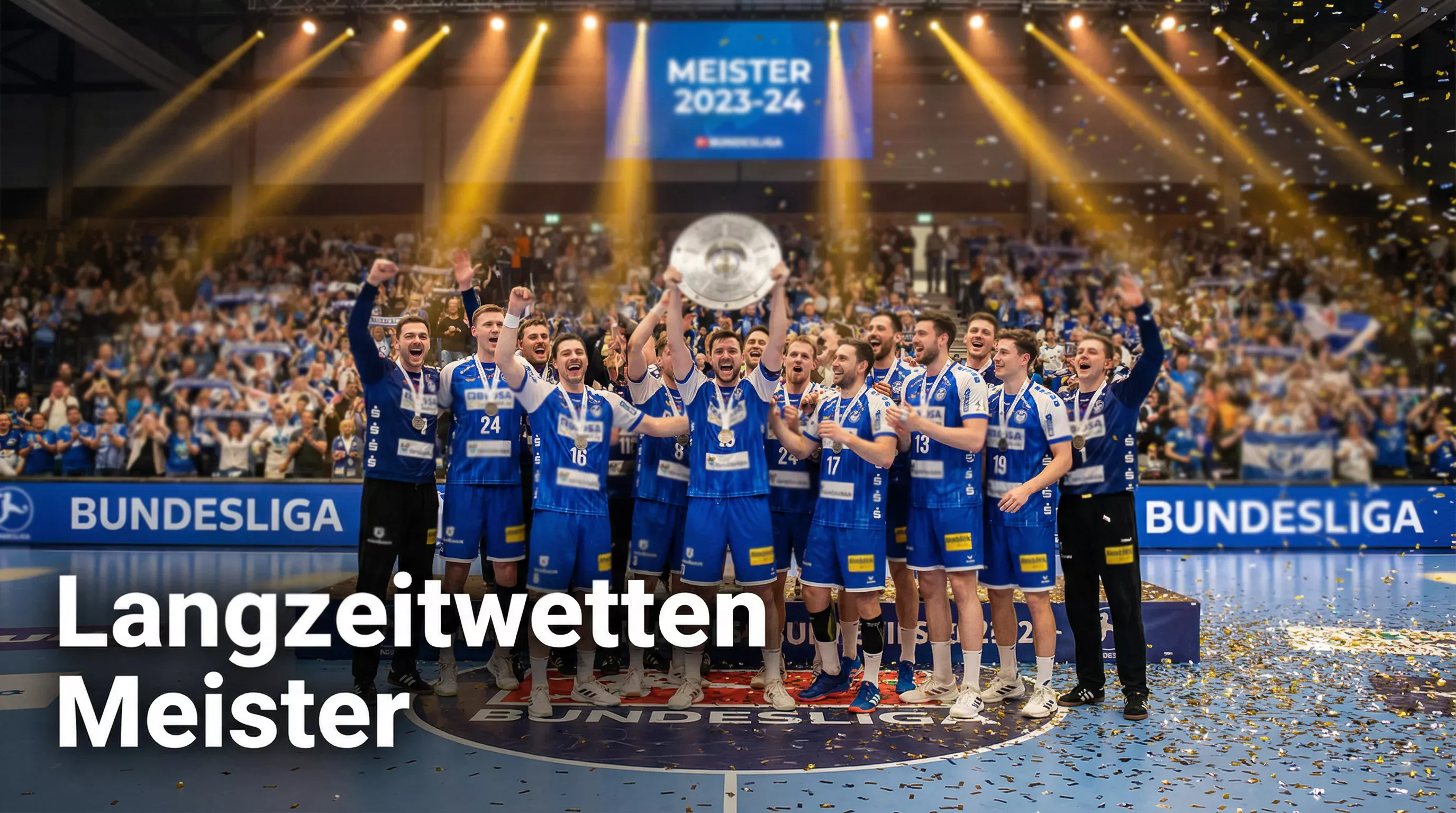 Handball-Mannschaft feiert Meisterschaft mit Pokal und Konfetti in einer Bundesliga-Halle