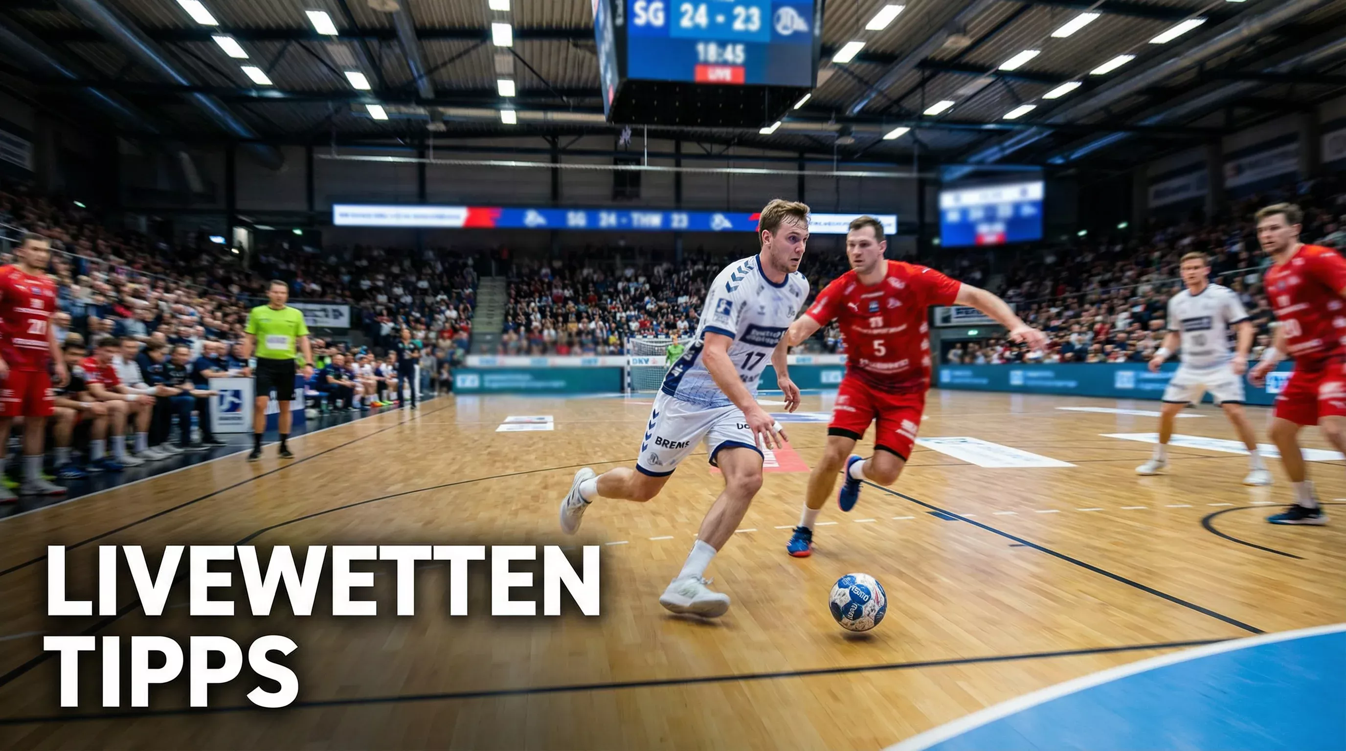 Handball-Szene in einer Halle während eines laufenden Spiels mit Spielern in Aktion und Zuschauern auf den Rängen