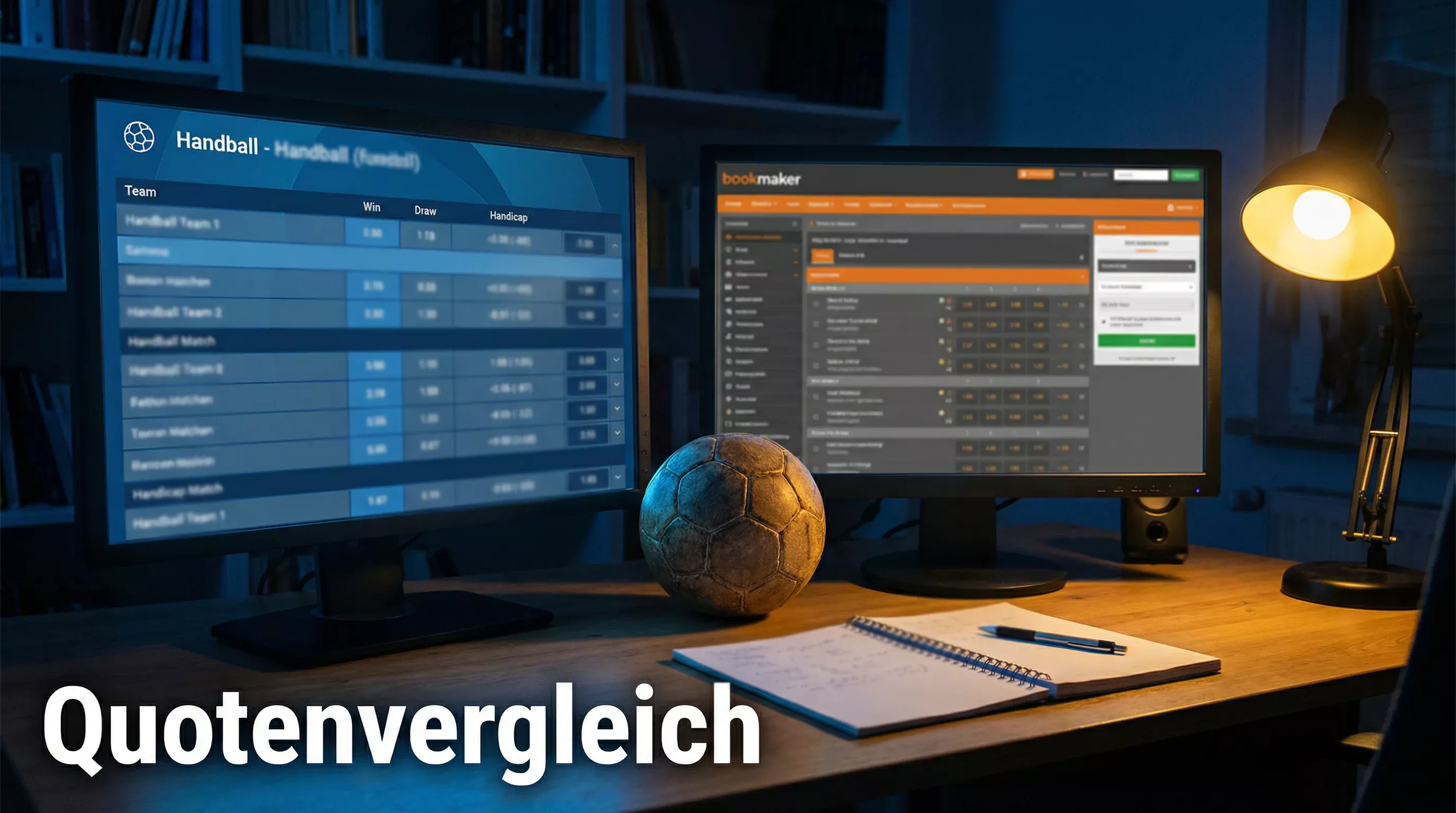 Zwei Bildschirme nebeneinander zeigen unterschiedliche Quotenübersichten für ein Handball-Spiel