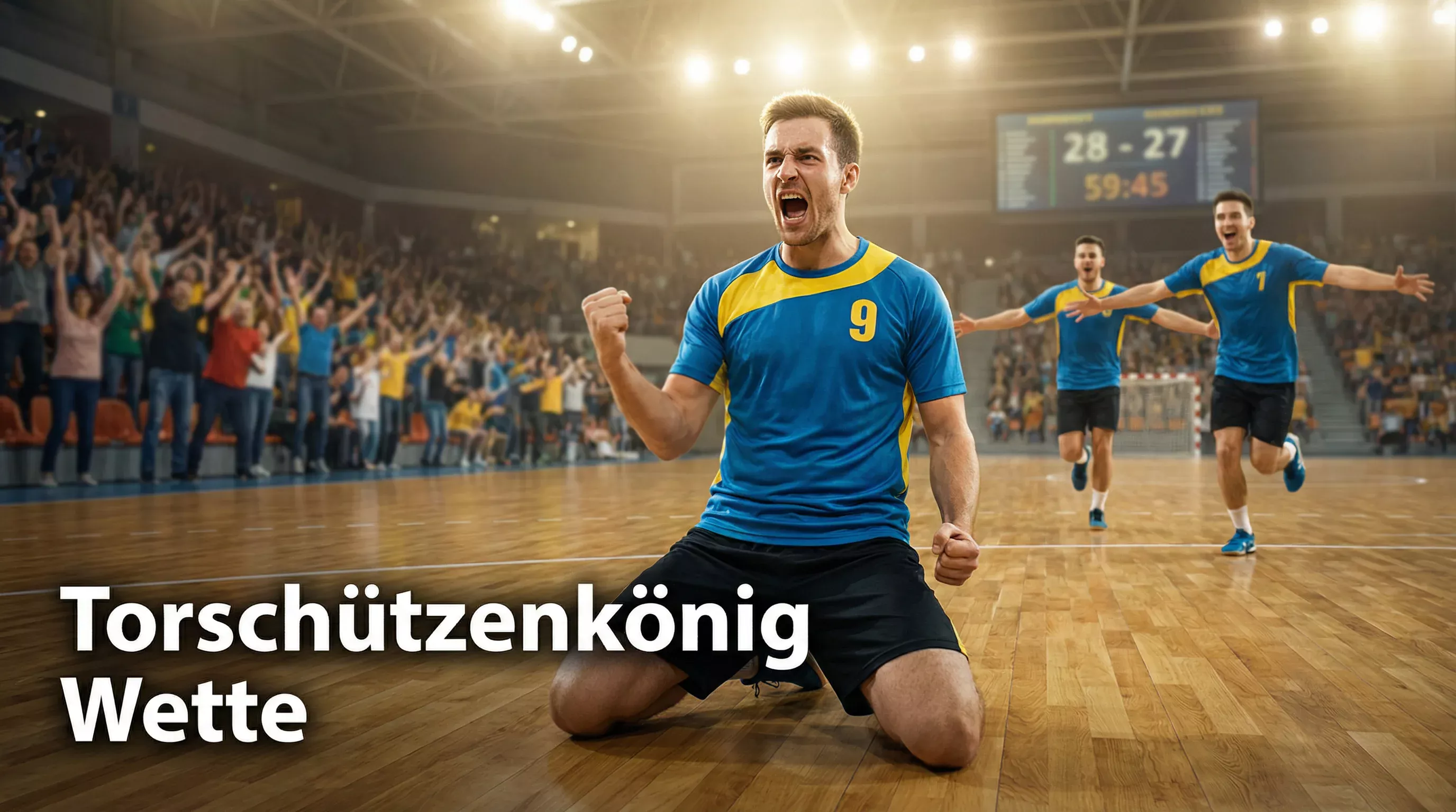 Handball-Spieler feiert ein Tor mit geballter Faust auf dem Spielfeld der Bundesliga