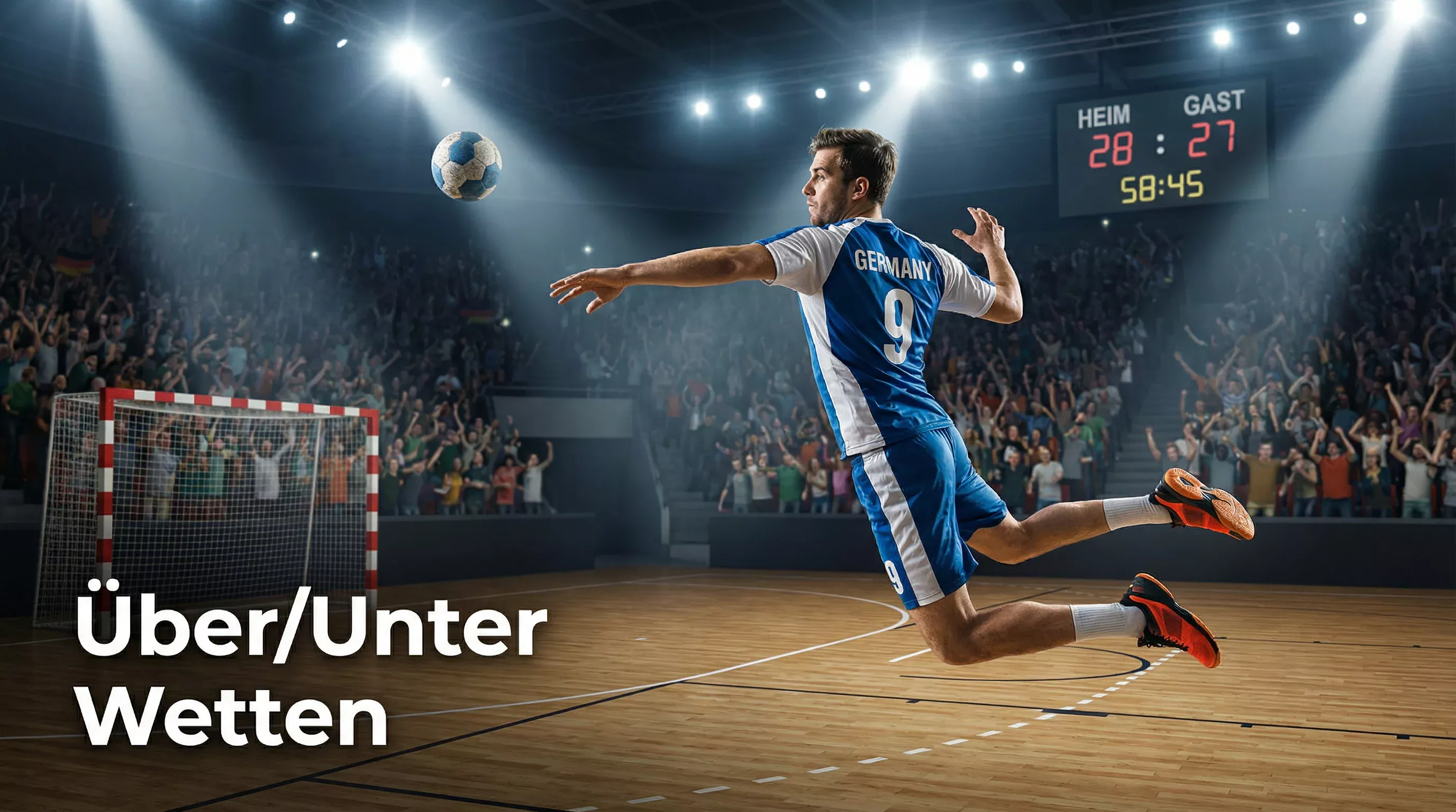 Handball-Spieler beim Torwurf in einer vollen Bundesliga-Halle mit Anzeigetafel im Hintergrund