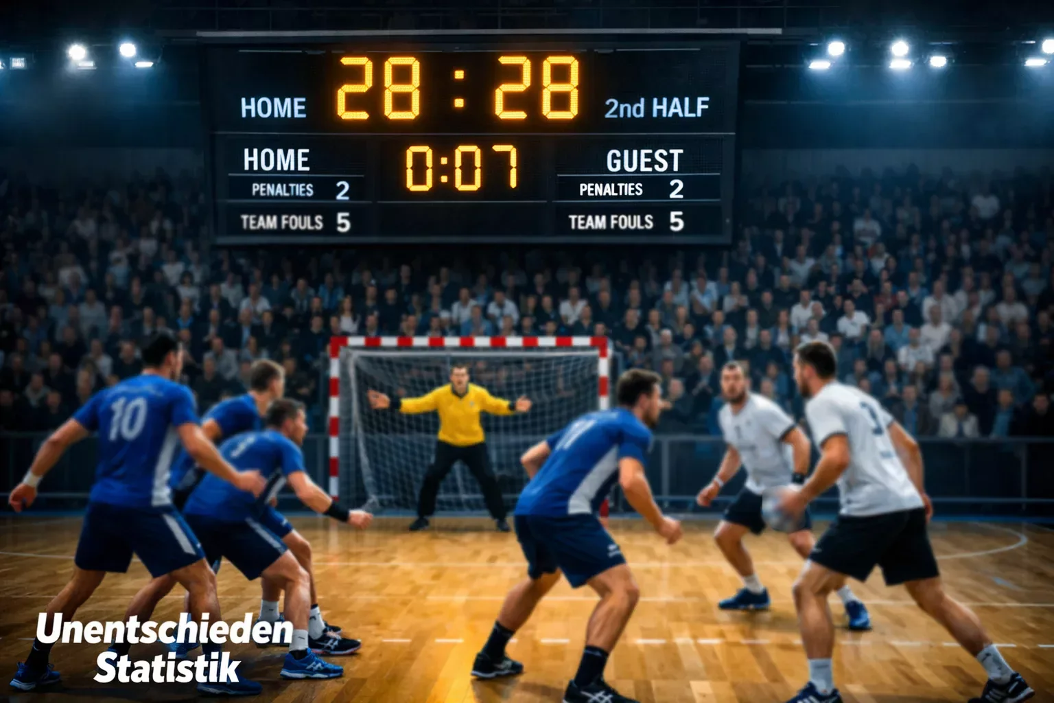 Handball-Anzeigetafel zeigt Gleichstand während eines spannenden Bundesliga-Spiels mit Spielern auf dem Feld