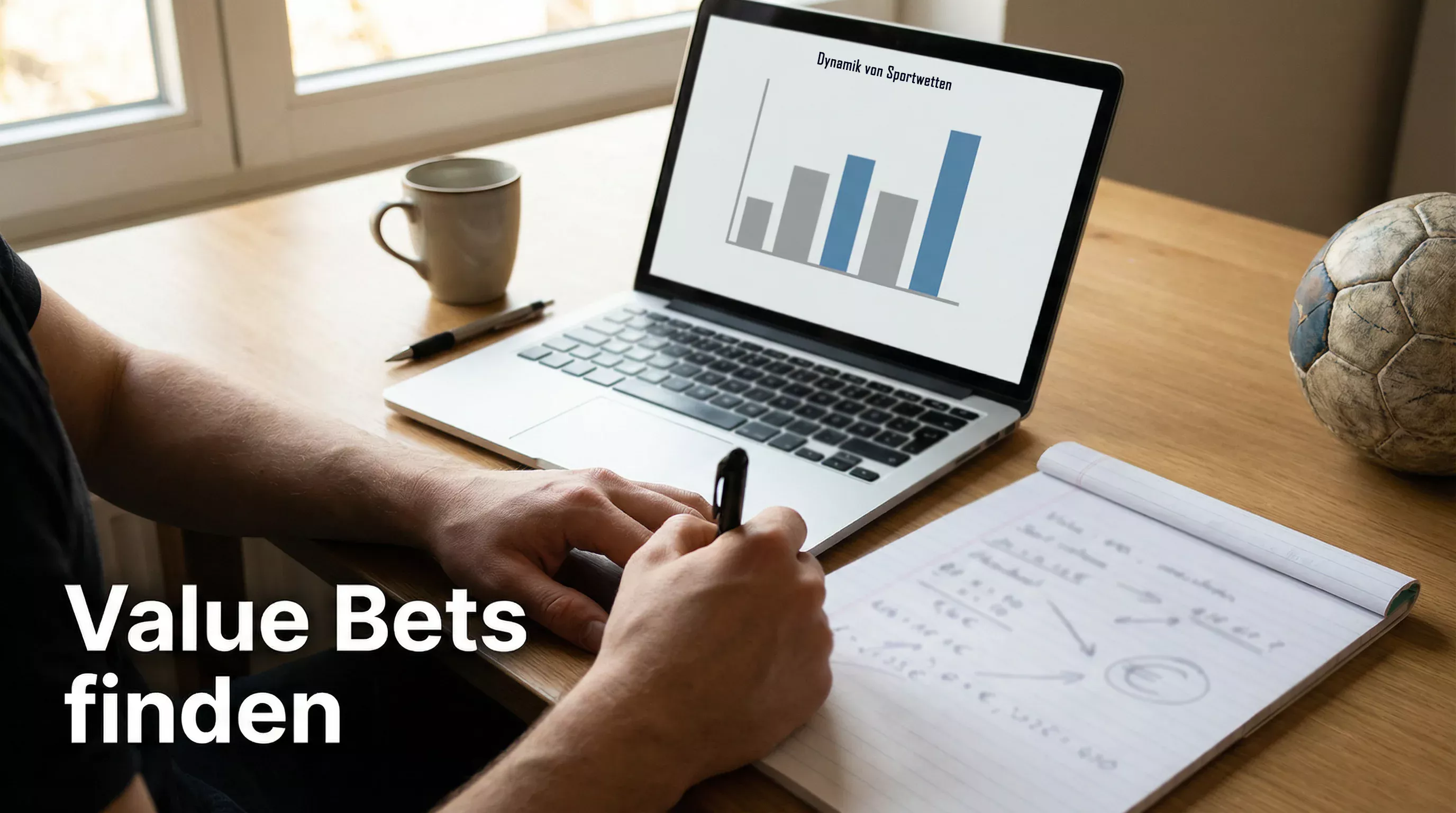 Person analysiert Handball-Statistiken auf einem Notizblock mit Stift neben einem Laptop