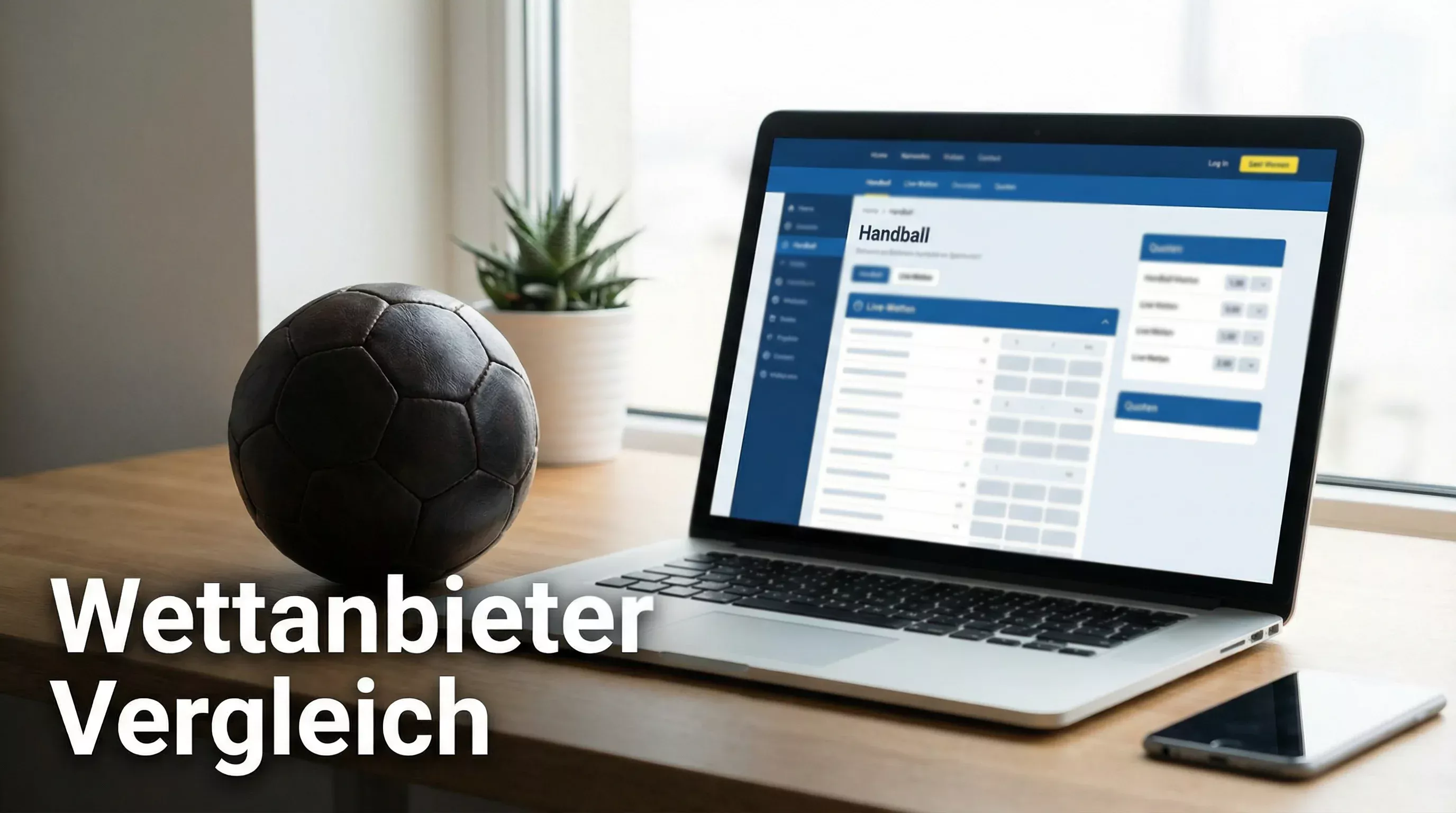Laptop auf einem Schreibtisch mit geöffneter Sportwetten-Seite und einem Handball daneben