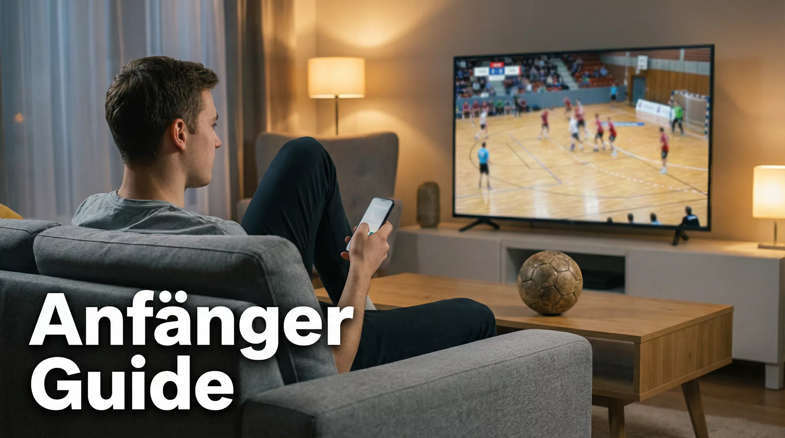 Junger Mann schaut ein Handballspiel im Fernsehen und hält ein Smartphone in der Hand