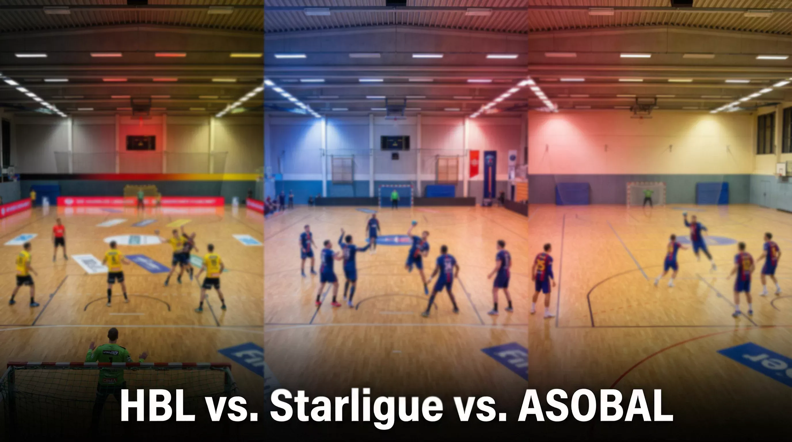 Drei Handballfelder nebeneinander als symbolischer Vergleich europäischer Ligen mit Landesflaggen