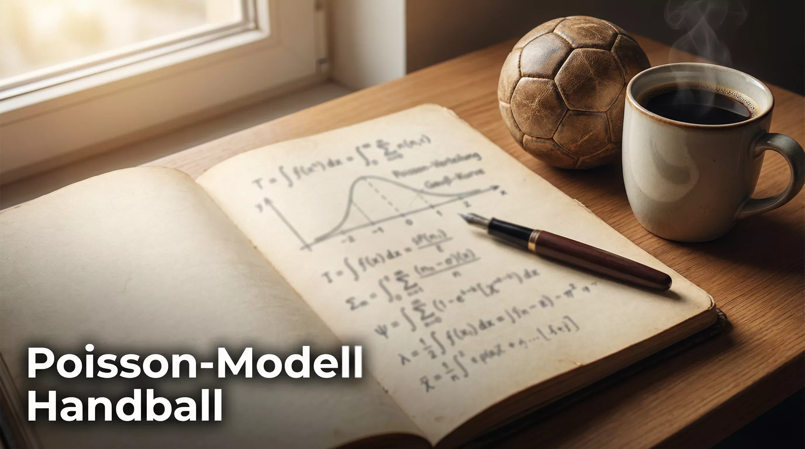 Notizbuch mit handgeschriebenen Formeln und einer Glockenkurve neben einem Handball auf dem Tisch