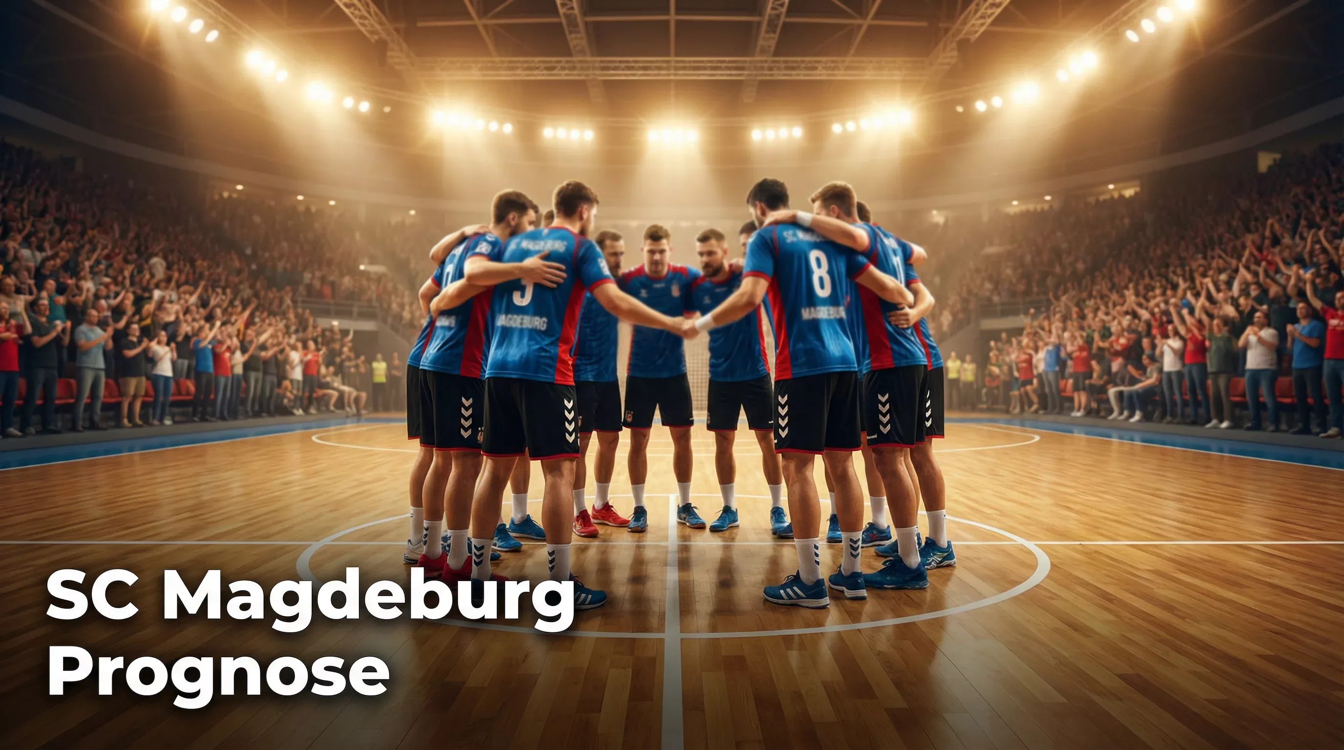 Handball-Team bildet einen Kreis auf dem Spielfeld vor dem Anpfiff in einer Bundesliga-Halle