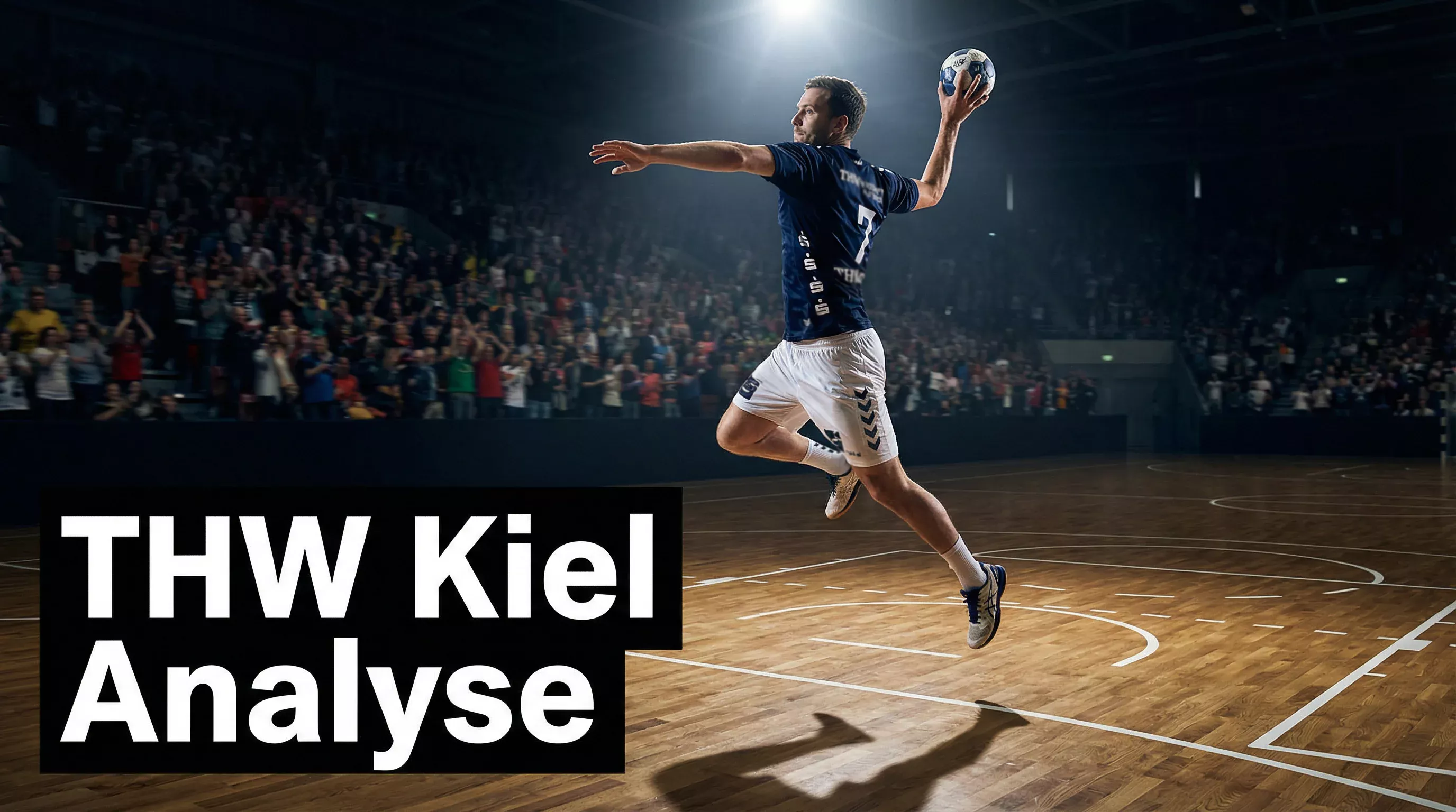 Handball-Spieler beim Sprungwurf in einer vollen Halle mit Zuschauern im Hintergrund