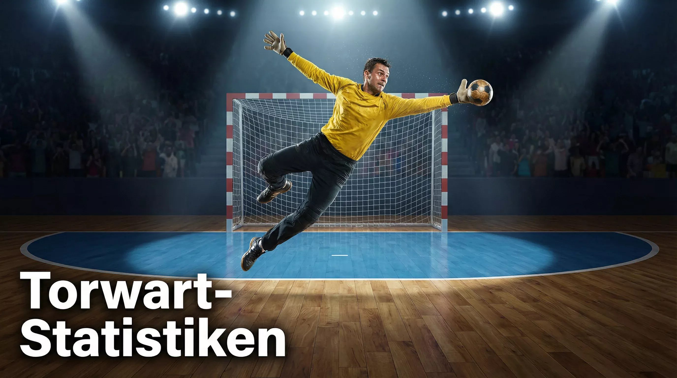 Handball-Torwart hält einen Wurf mit ausgestreckten Armen während eines Bundesliga-Spiels