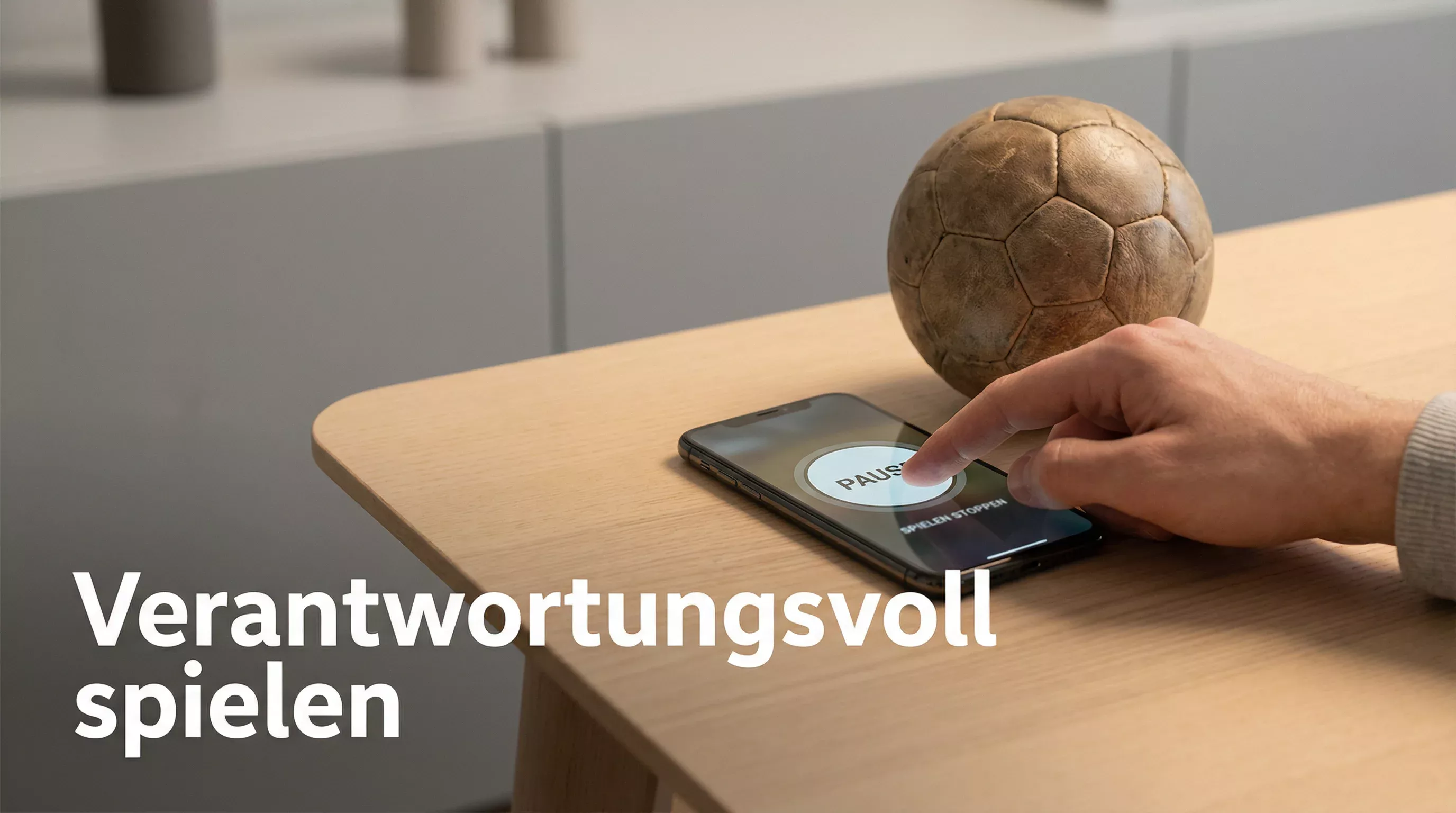Hand drückt bewusst eine Pause-Taste auf einem Smartphone neben einem Handball